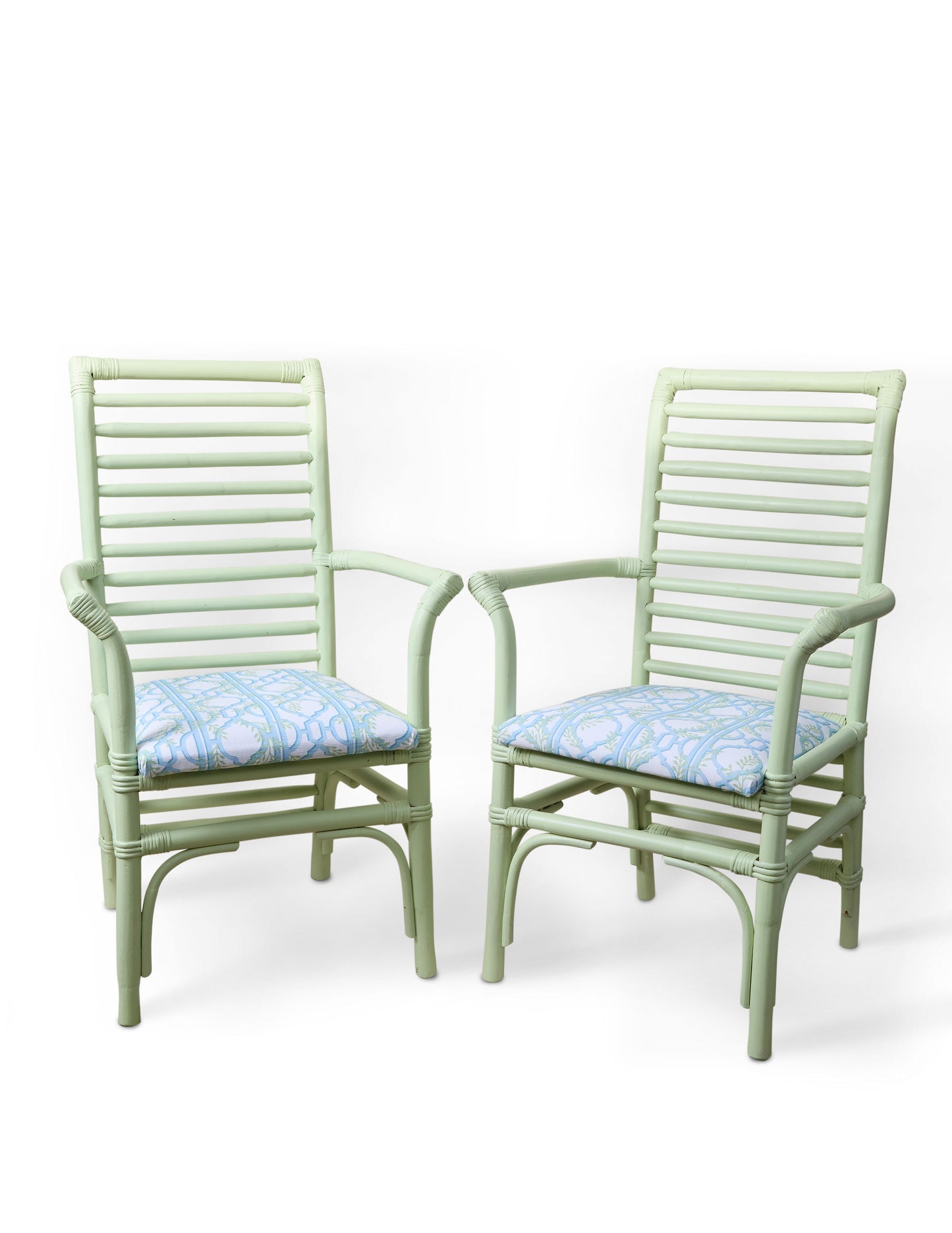 A Pair of Vintage Bamboo Elbow Chairs with Upholstered Seats