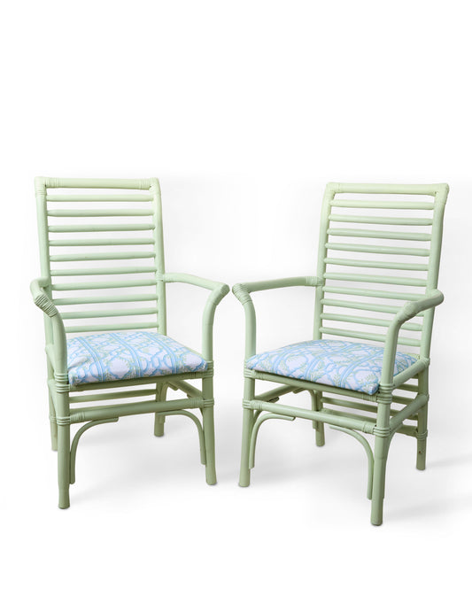 A Pair of Vintage Bamboo Elbow Chairs with Upholstered Seats