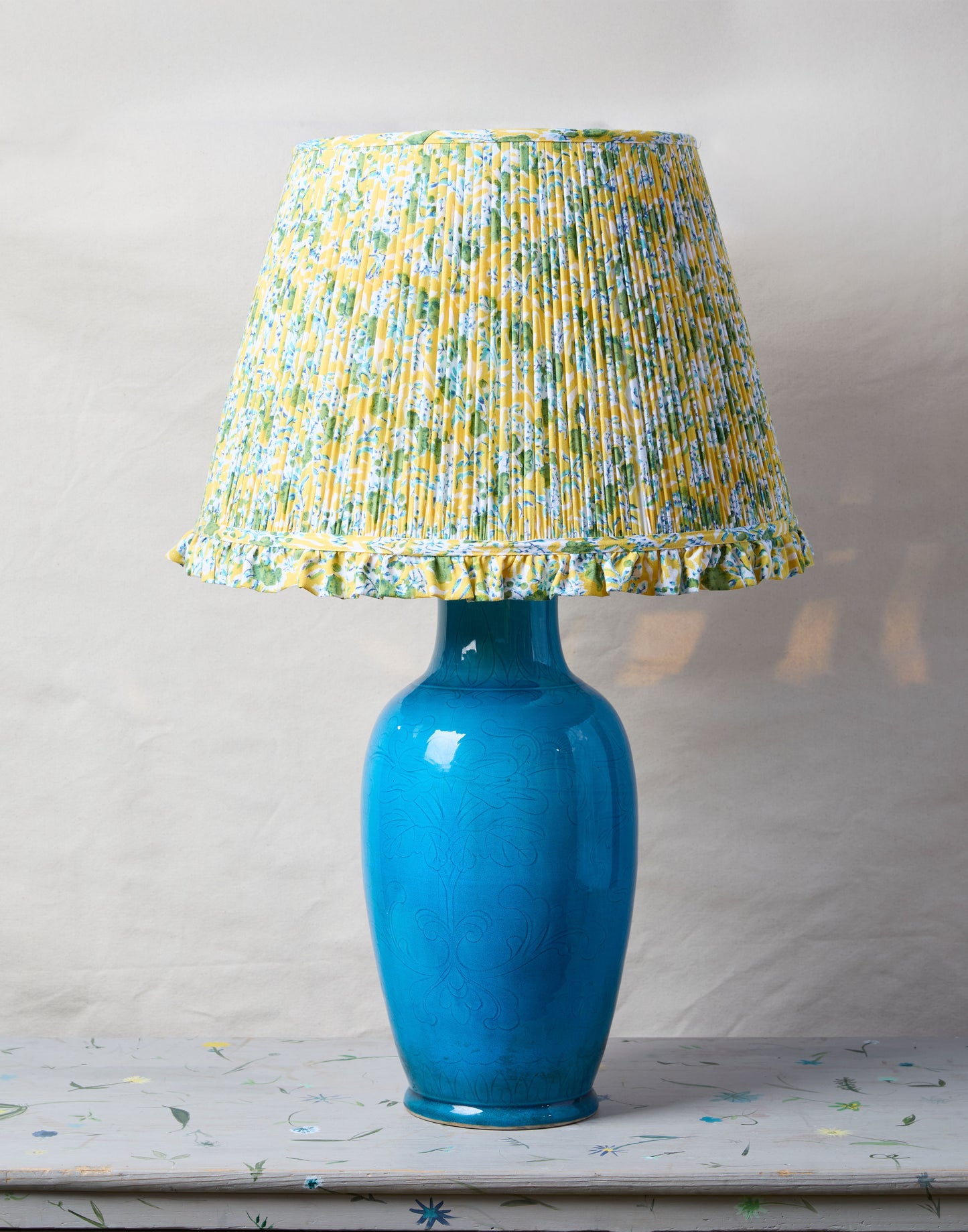 A Pair of Turquoise Monochrome Ground Baluster Form Table Lamps with Lampshades by Imogen Pope