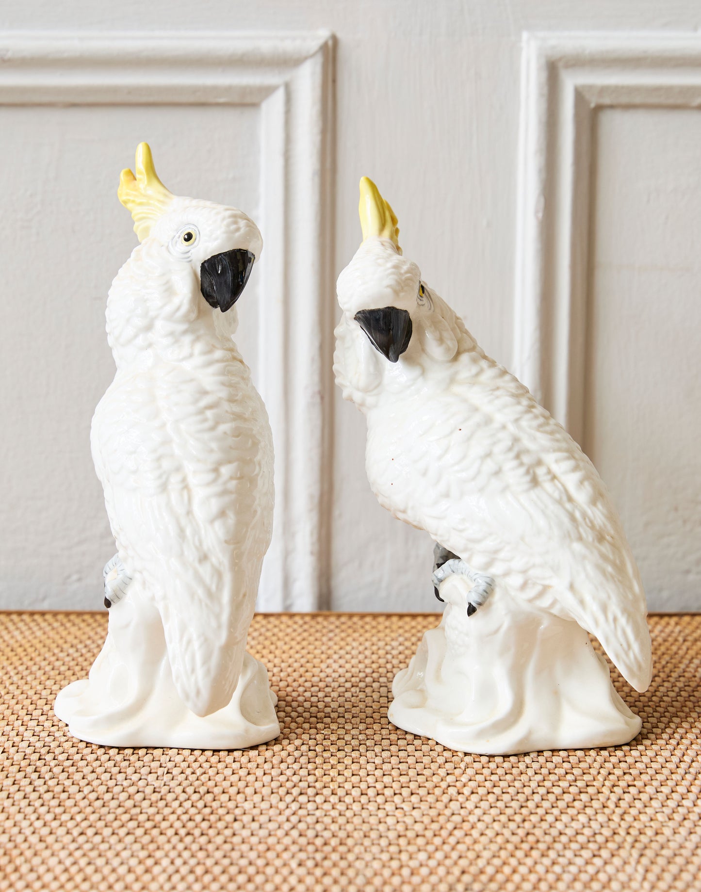 A Pair of Hand-Painted Crown Staffordshire Bone China Cockatoo Figarines Designed and Modelled by J T Jones