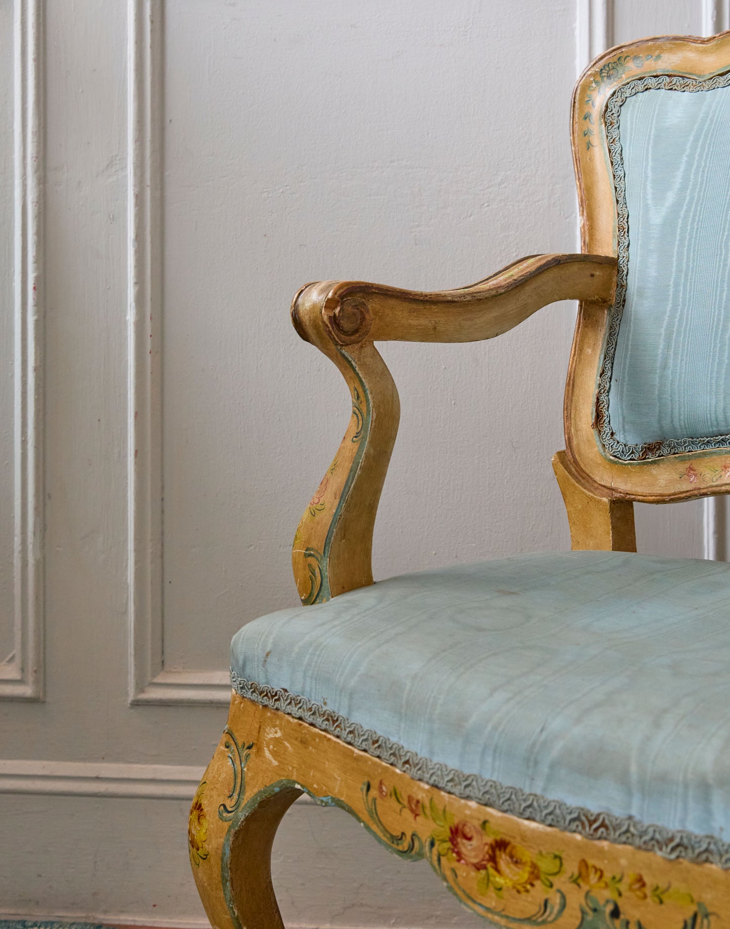 A Handpainted Mid 20th Century Venetian Ladies Bureau and Matching Open Armchair