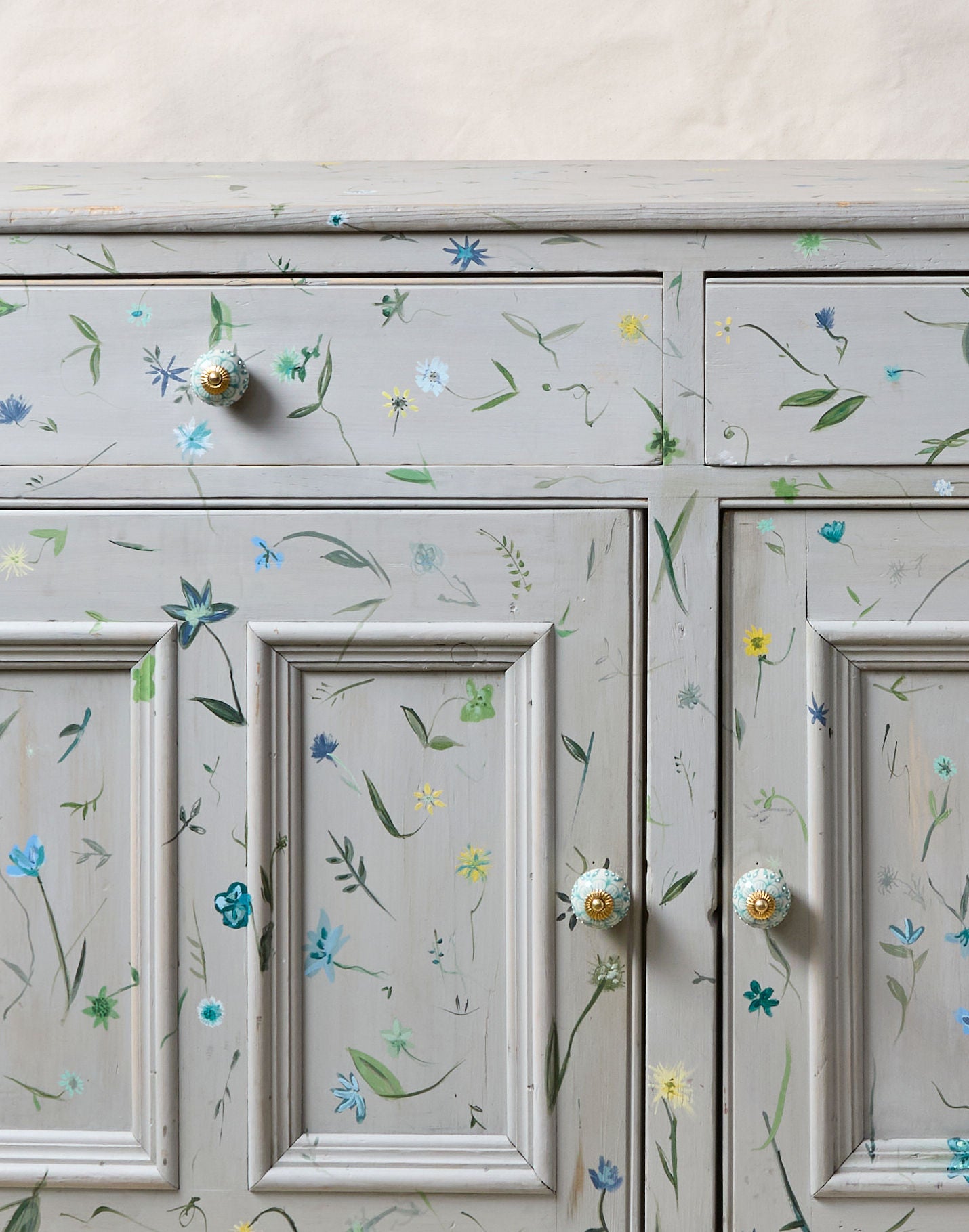 A 19th Century Wooden Two-door Cabinet with Drawers Hand-painted with Wildflowers