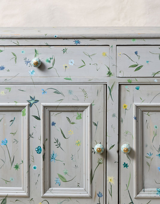 A 19th Century Wooden Two-door Cabinet with Drawers Hand-painted with Wildflowers