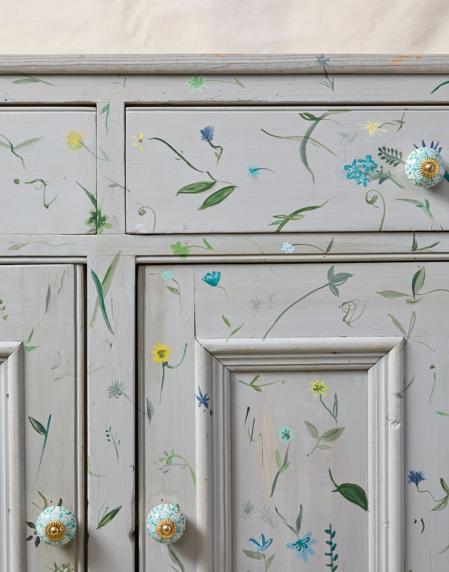 A 19th Century Wooden Two-door Cabinet with Drawers Hand-painted with Wildflowers