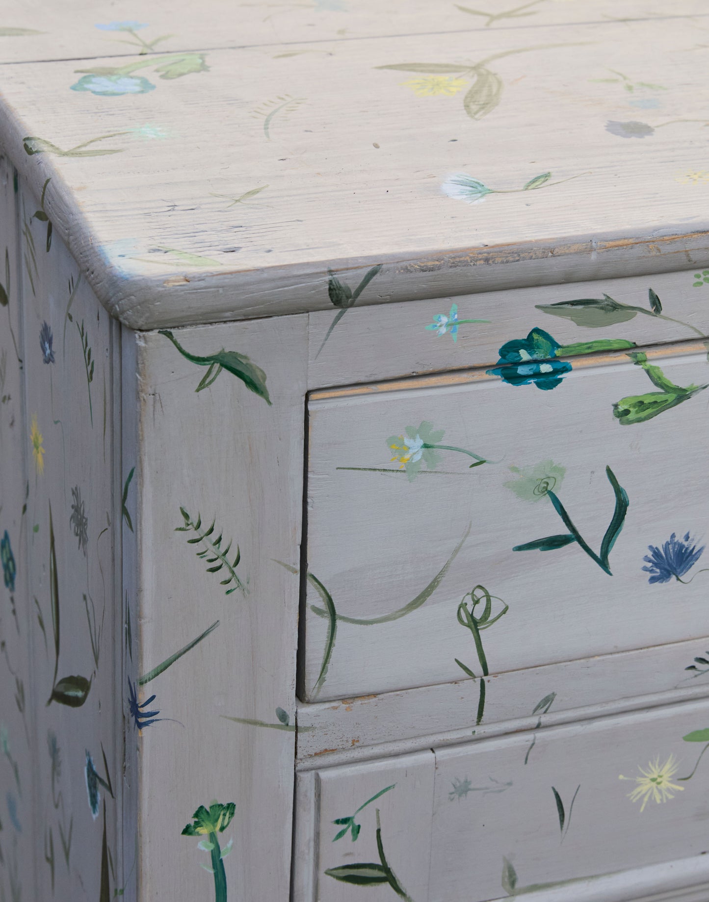 A 19th Century Wooden Two-door Cabinet with Drawers Hand-painted with Wildflowers