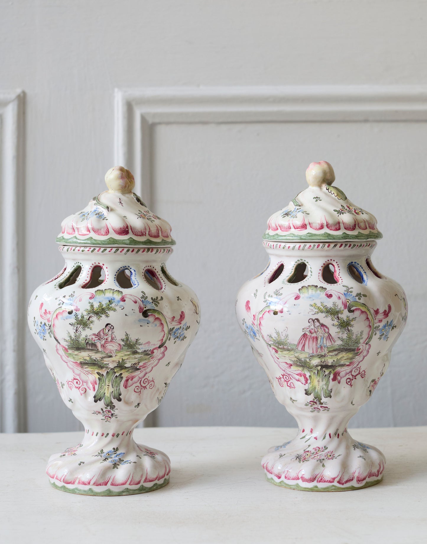 A Pair of Late 19th Century/Early 20th Century French Faience Amorial Pot Pourri Vases and Covers