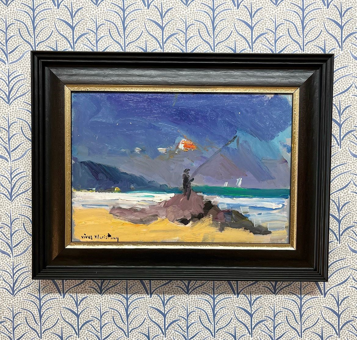 A 20th Century Oil on Board of a Fisherman off the Coast of Spain by Joan Vives Maristany