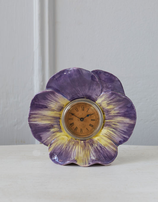A 19th Century Delphin Massier Vallauris Pottery Mantel Clock Modelled as a Purple and Yellow Pansy Flowerhead