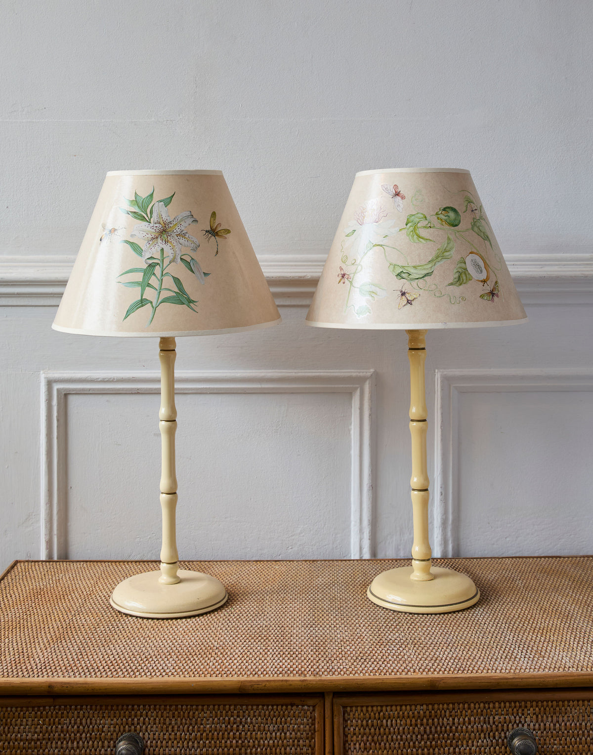 Two pairs of Vintage Ivory and Gilt Painted Carolyn Sheffield Table Lamps with Floral and Insect Motifs to the Shades