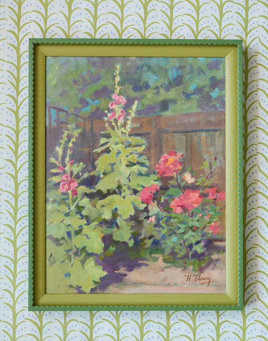 A Vintage Continental Oil Painting of Hollyhocks and Geraniums in a Garden
