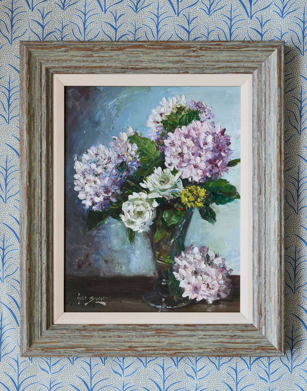 A Still Life of Hydrangeas in a vase by Owen Bowen (1873-1967)