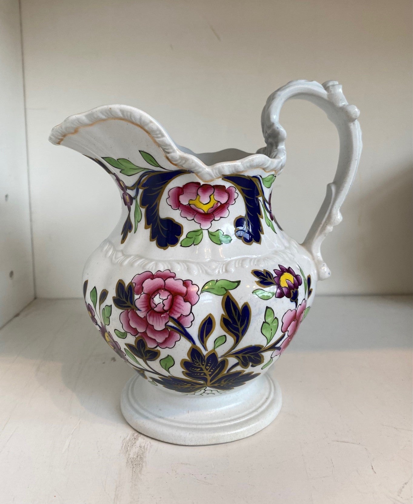 A Stoneware Pitcher Jug Handpainted with Flowers and Gilded Accents by John & William Ridgway
