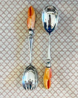 A late 19th Century Wedgwood Queen's Ware Lobster Bowl with a band of silver metal plate and silver plated servers with lobster claw form handles.