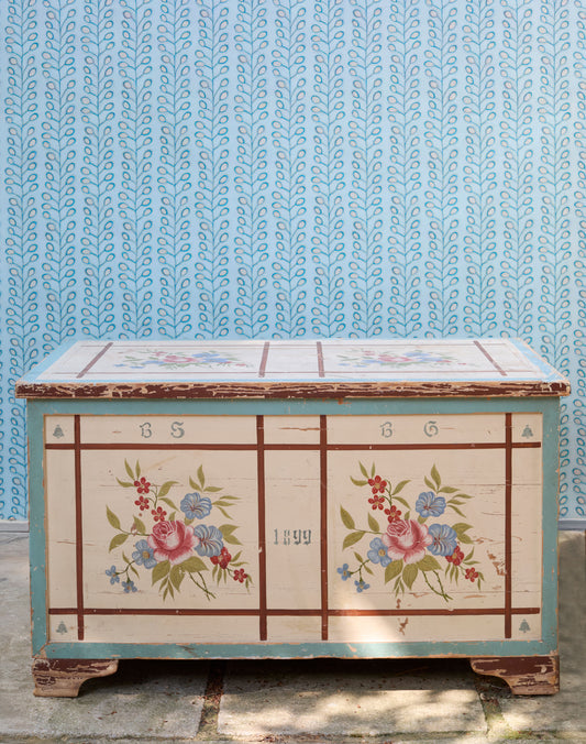 A Hand-Painted 19th Century Pine Marriage Chest decorated with Floral Sprays