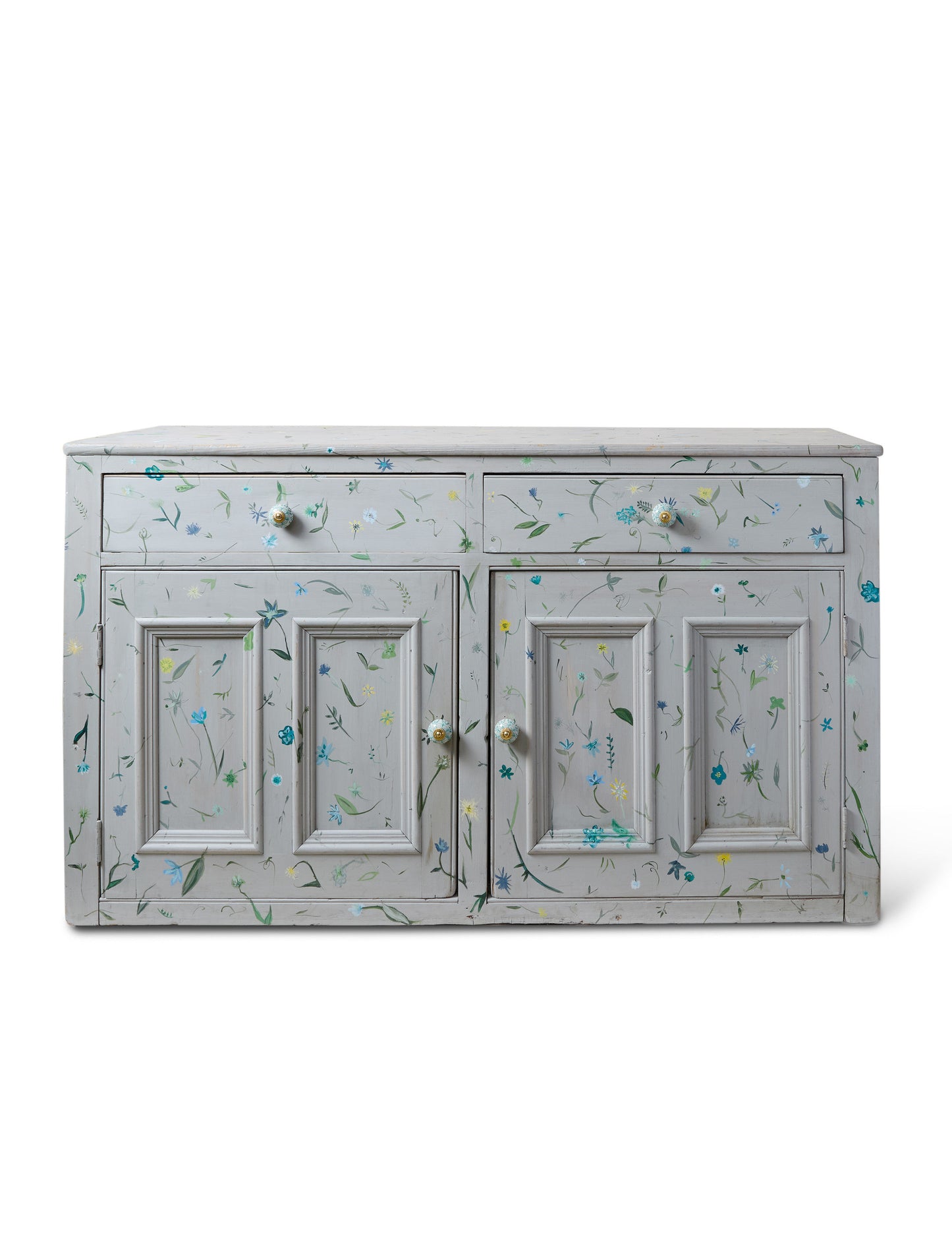 A 19th Century Wooden Two-door Cabinet with Drawers Hand-painted with Wildflowers