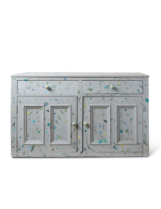 A 19th Century Wooden Two-door Cabinet with Drawers Hand-painted with Wildflowers
