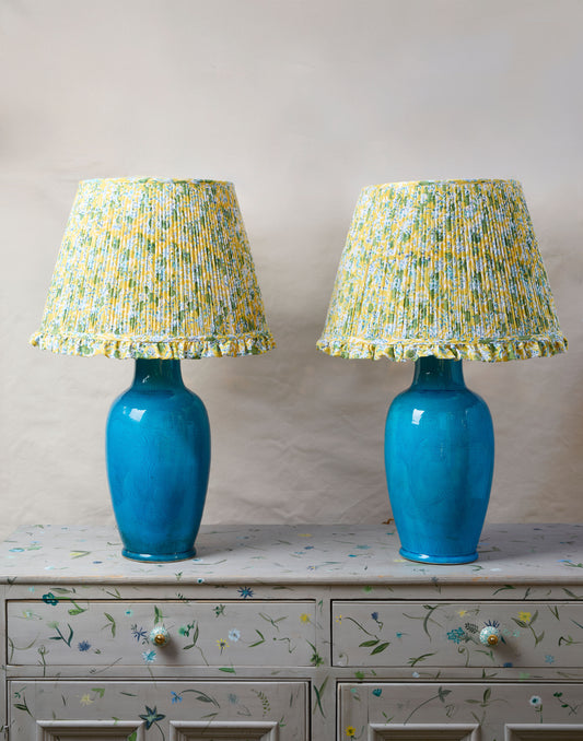 A Pair of Turquoise Monochrome Ground Baluster Form Table Lamps with Lampshades by Imogen Pope