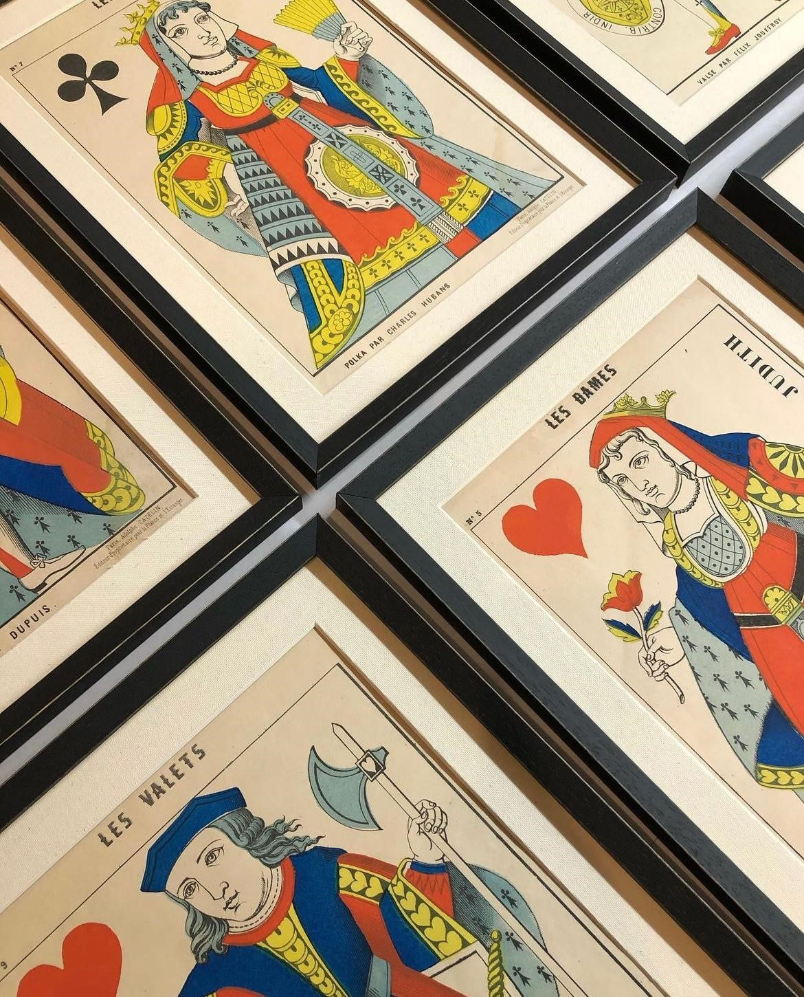 A Rare Set of Twelve Hand-Coloured Antique French Playing Cards