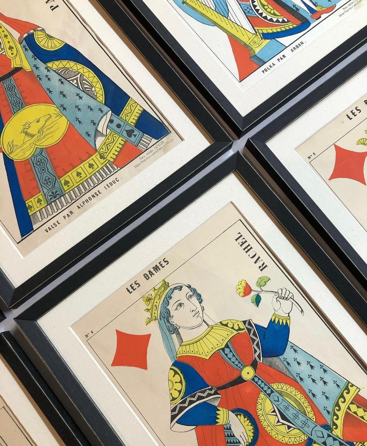 A Rare Set of Twelve Hand-Coloured Antique French Playing Cards