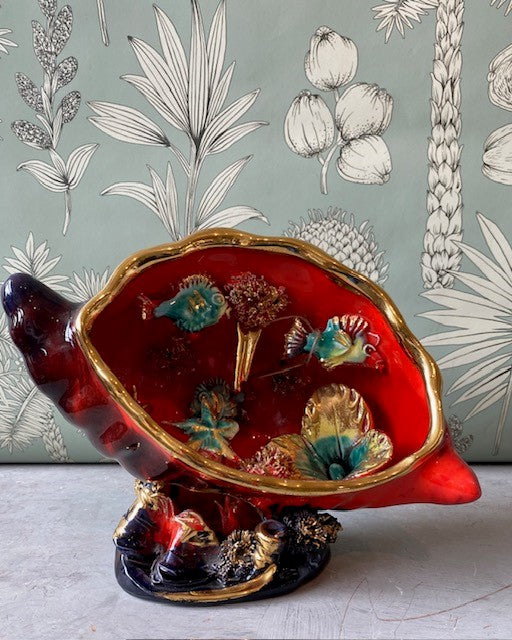 A 1960s Vallauris Large Red Glazed Shell Lamp Base with Underwater scene