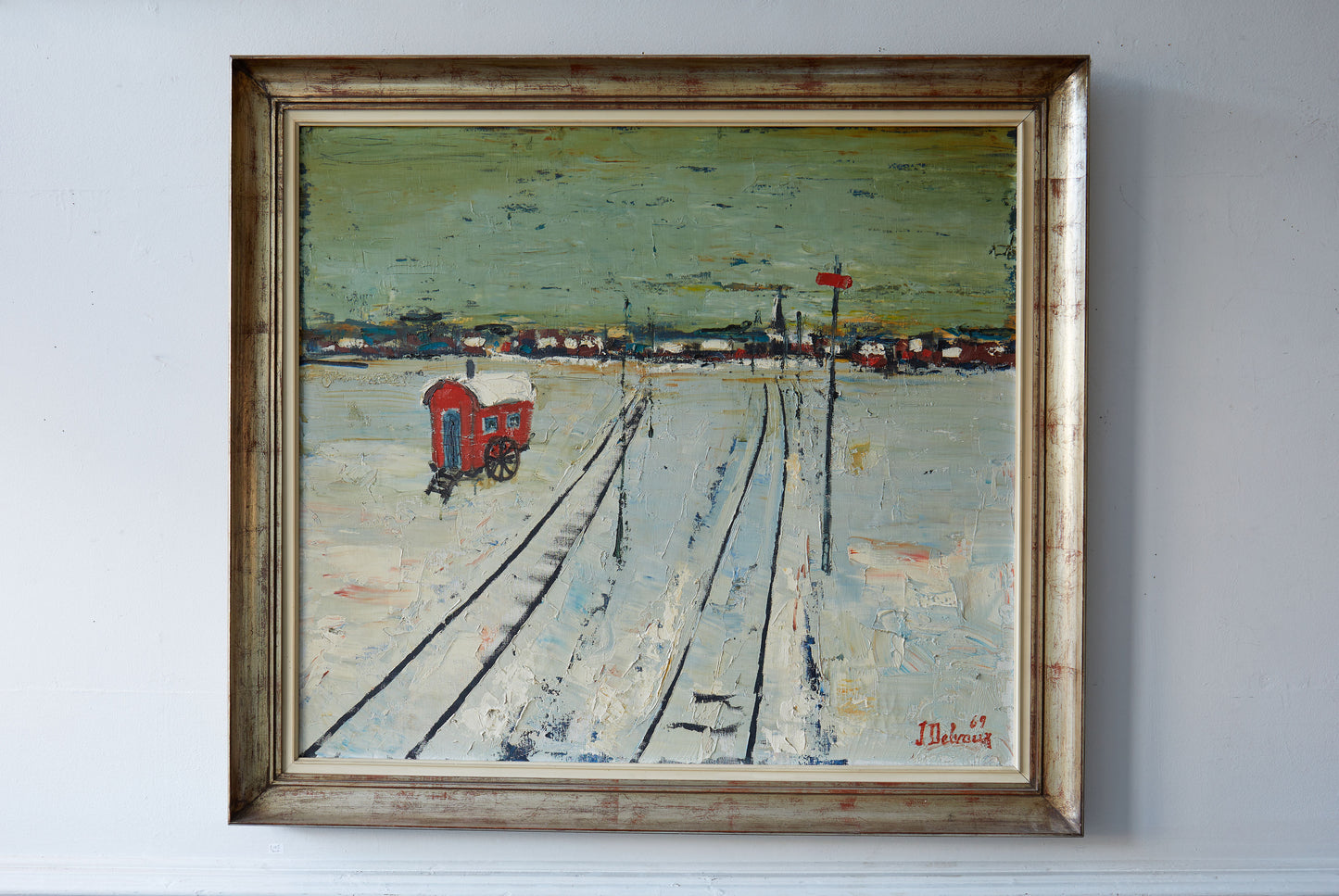 A Large 20th Century Oil of a Gypsy Caravan in the Snow by Jacques Delvaux