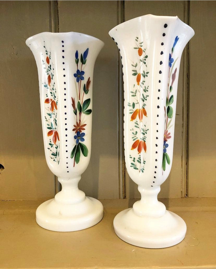 A Pair of Antique Opaque Glass Vases with Hand-Painted Flower Decoration