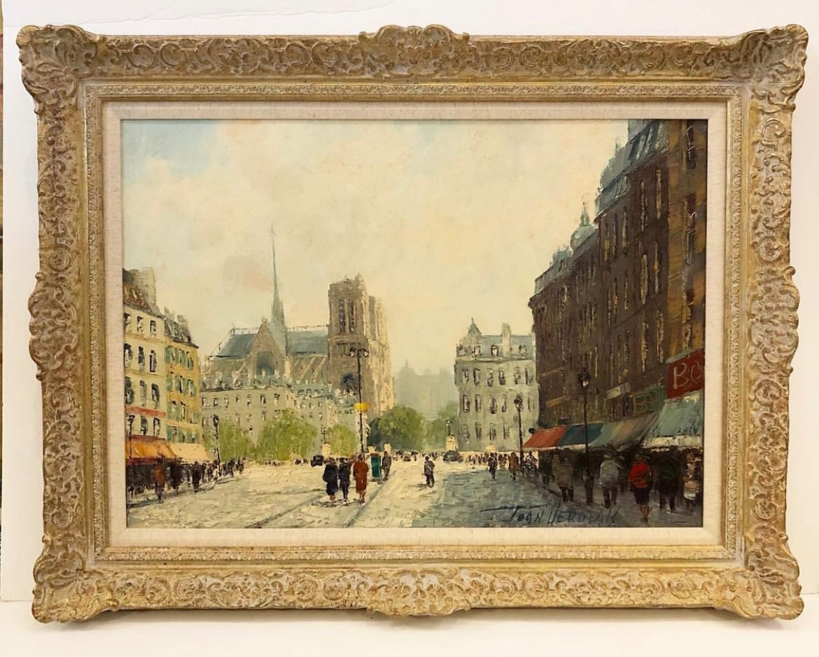 A Large Oil Painting of a Parisian Street Scene with Notre Dame