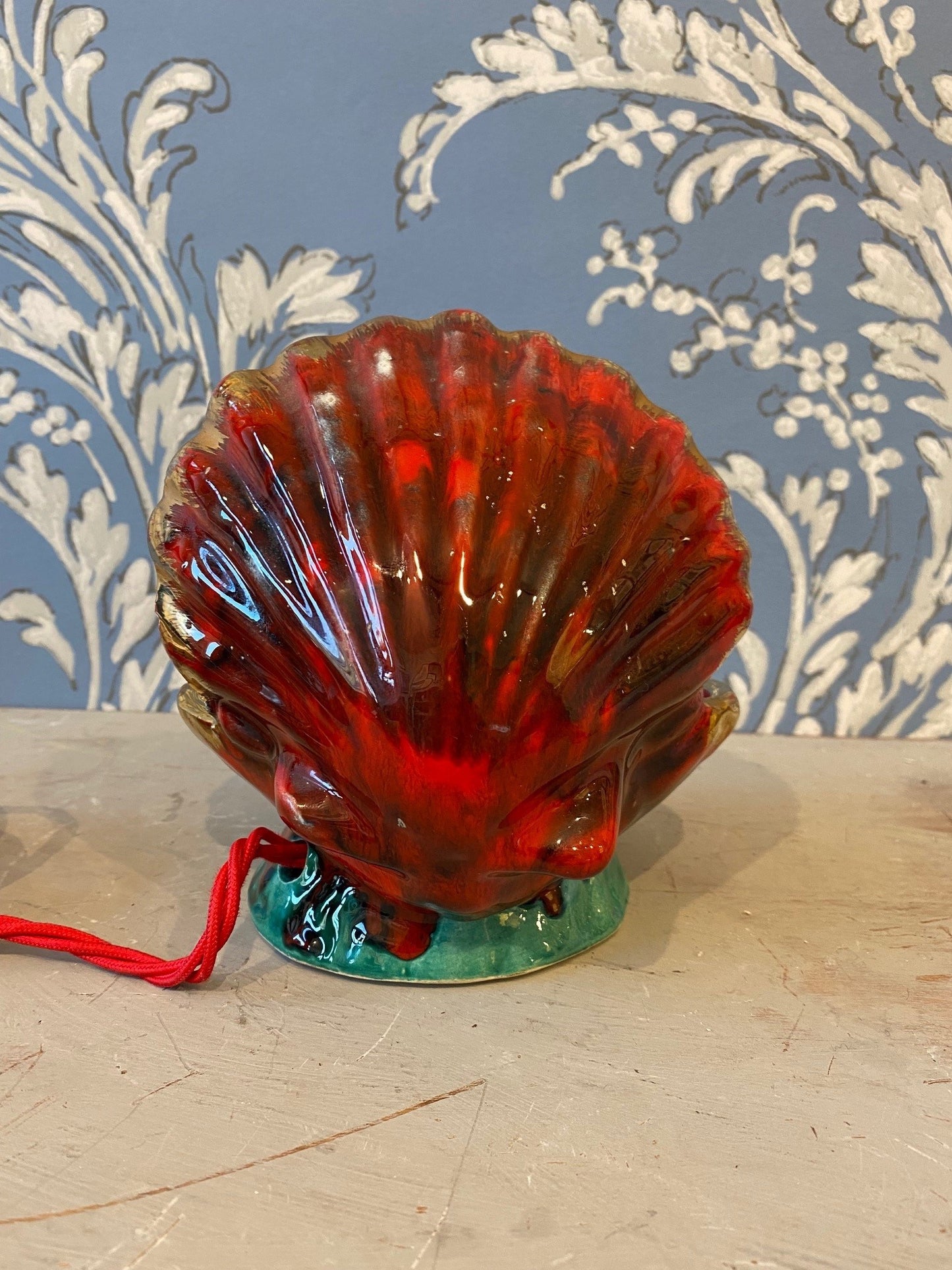 A 1960s Vallauris Glazed Red Shell Lamp with Underwater Scene
