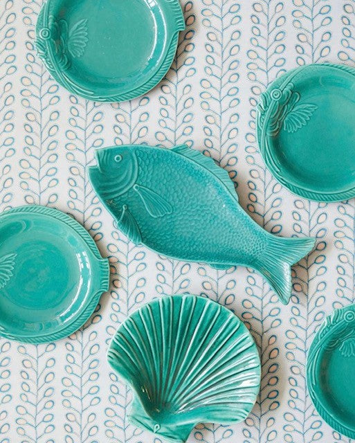 A Set of Teal Fish-shape Mid-20th Century Ceramic Dishware from the South of France