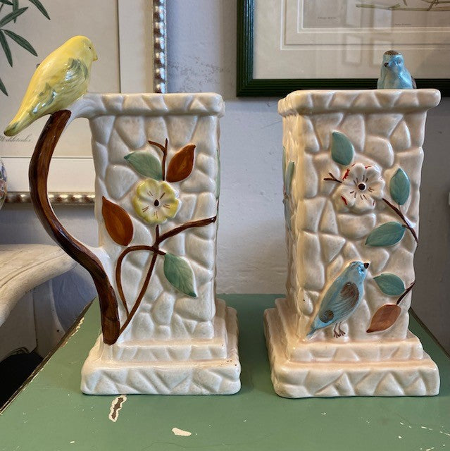A pair of Art Deco Square Raised Relief Flower and Bird Jugs by Paramount Pottery Company