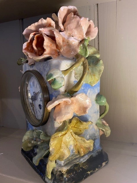 A French 19th Century Barbotine Majolica Clock with Relief Floral Decoration by Jean-Marie Pointu