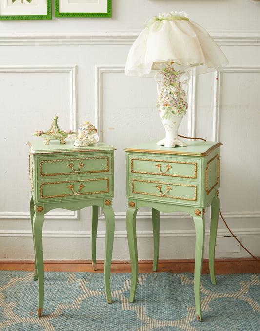 A Pair of Mid-20th Century French Green Painted Bedside Tables