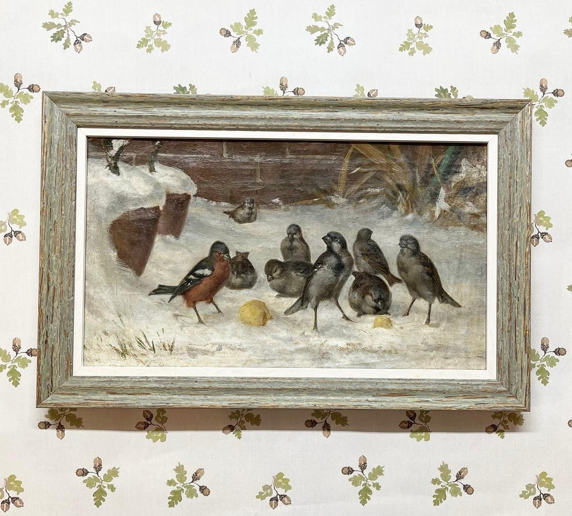 An Early 20th Century British Oil Painting of Sparrows and a Chaffinch in the Snow