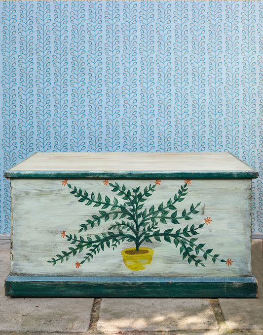 A Hand-Painted Pine Blanket Box with Botanical Motif