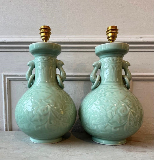 A Pair of 20th Century Chinese Celadon Ceramic Baluster Lamps