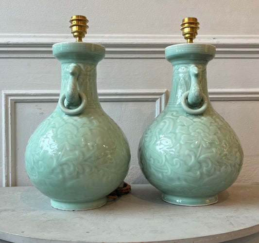 A Pair of 20th Century Chinese Celadon Ceramic Baluster Lamps