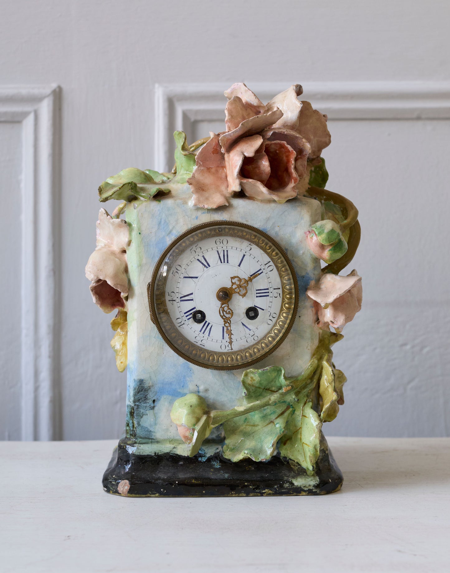 A French 19th Century Barbotine Majolica Clock with Relief Floral Decoration by Jean-Marie Pointu