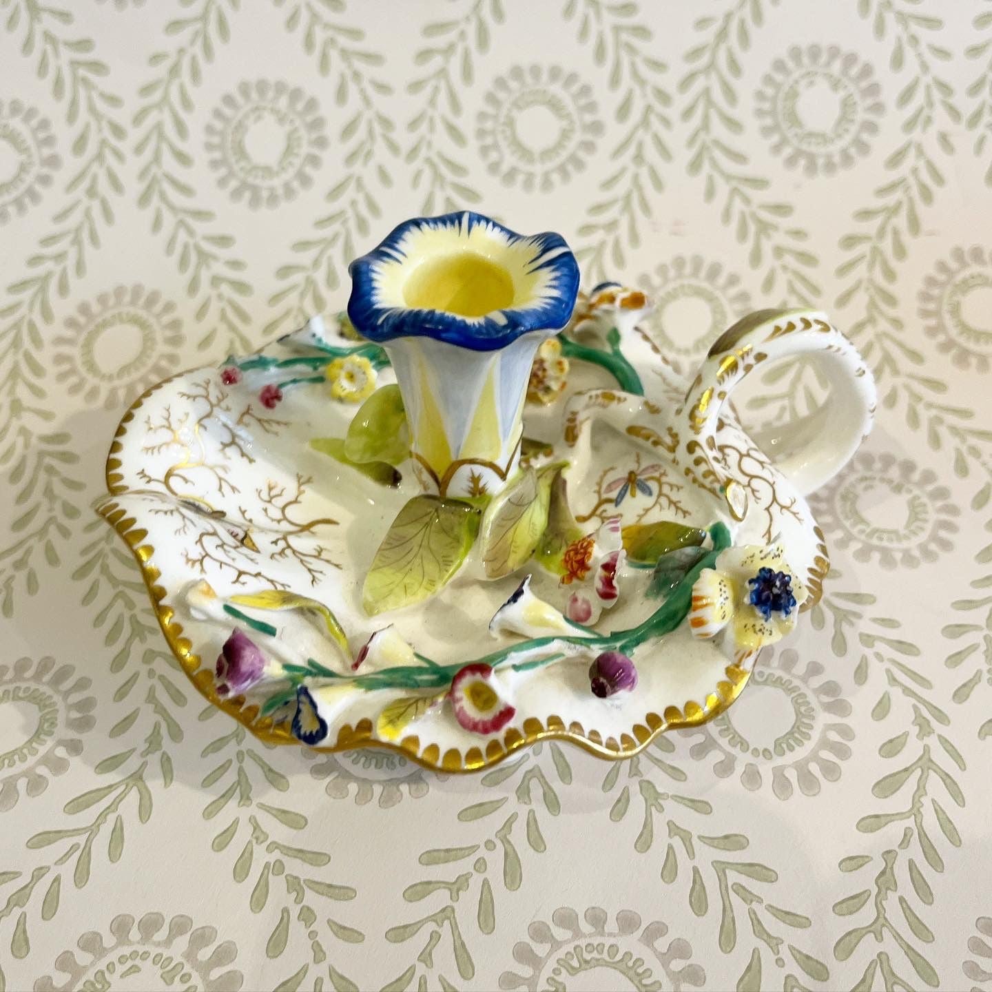 A Coalbrookdale Style Floral Encrusted Porcelain Candle Holder, circa 1830s
