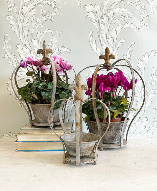 A Graduated Trio of Aged Galvanised Crown Planters