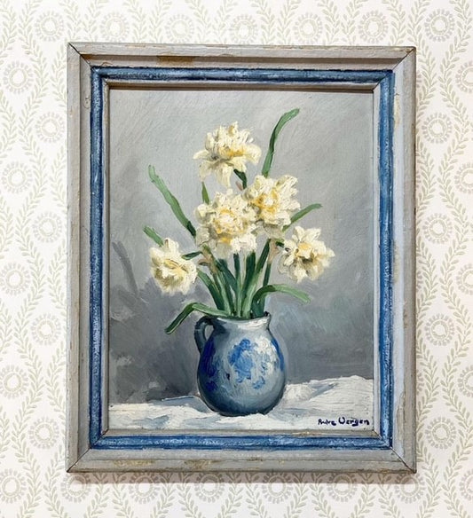 A French 20th Century Oil Painting of Daffodils in a Blue Jug by André Verger (1912-1990)