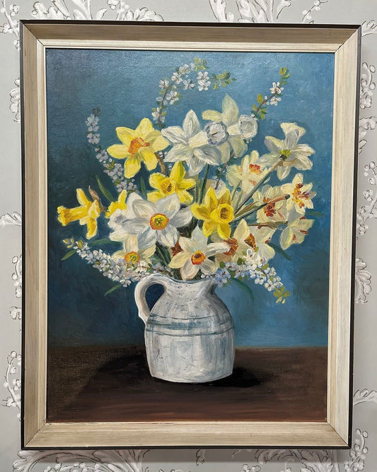 A French 20th Century Still Life of Daffodils in a Blue and White Jug