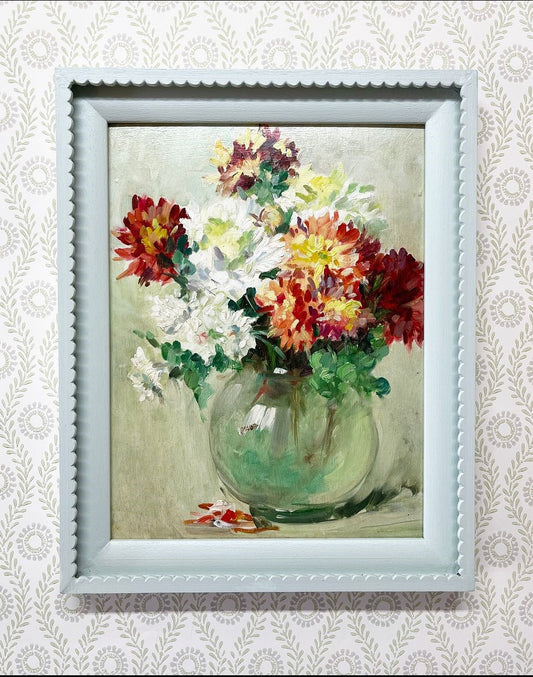 A 20th Century Oil Painting of Dahlias in a Glass Vase