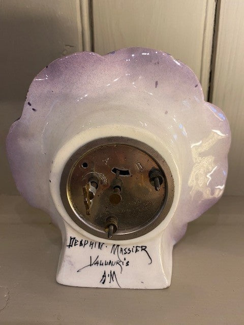 A 19th Century Delphin Massier Vallauris Pottery Mantel Clock Modelled as a Purple and Yellow Pansy Flowerhead