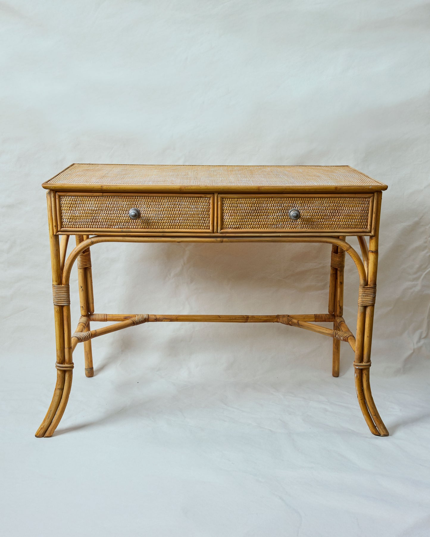 A Vintage Bamboo Rattan Framed Wicker Panelled Writing Table