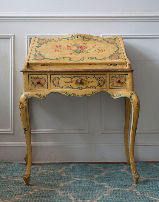A Handpainted Mid 20th Century Venetian Ladies Bureau and Matching Open Armchair