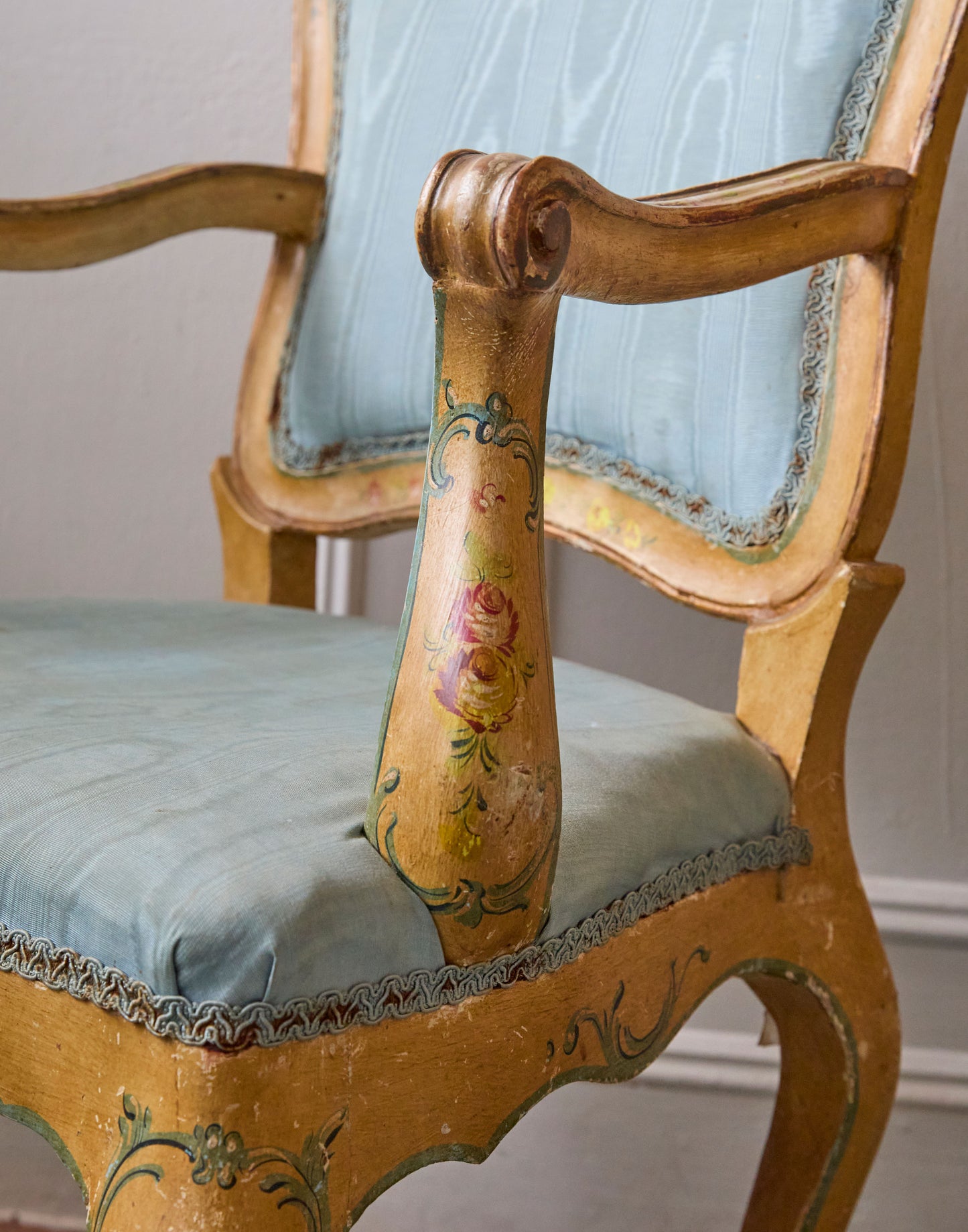 A Handpainted Mid 20th Century Venetian Ladies Bureau and Matching Open Armchair