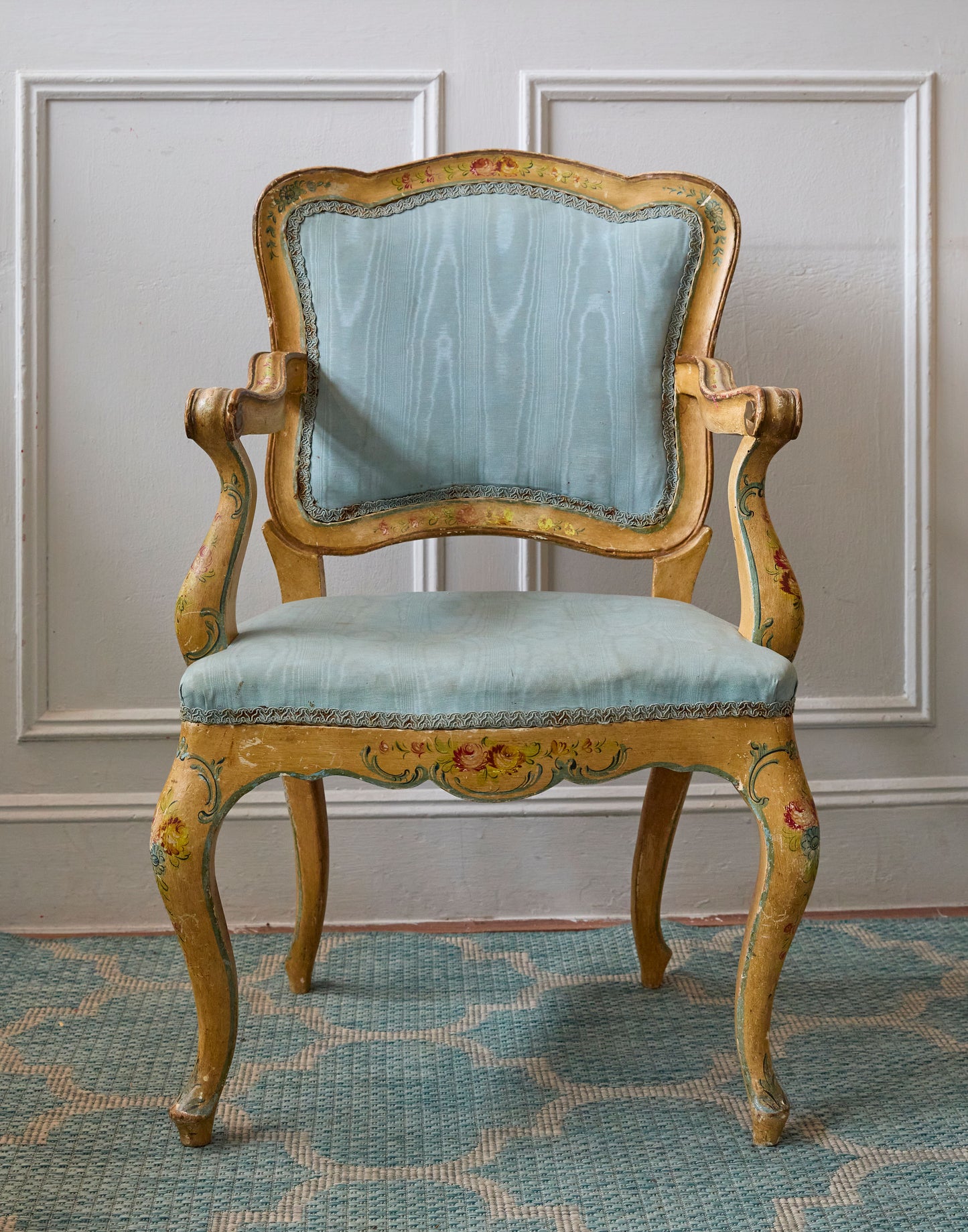 A Handpainted Mid 20th Century Venetian Ladies Bureau and Matching Open Armchair
