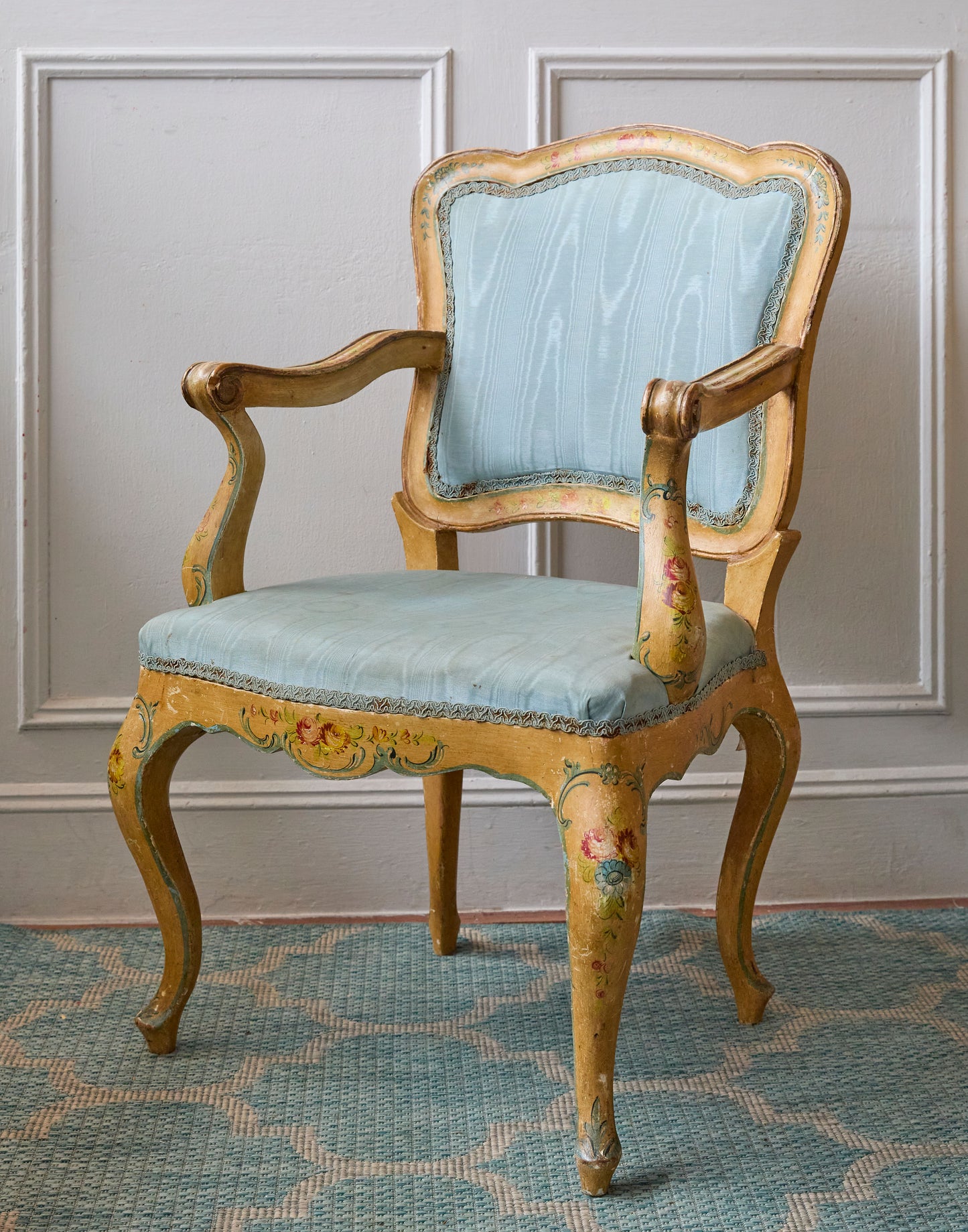 A Handpainted Mid 20th Century Venetian Ladies Bureau and Matching Open Armchair