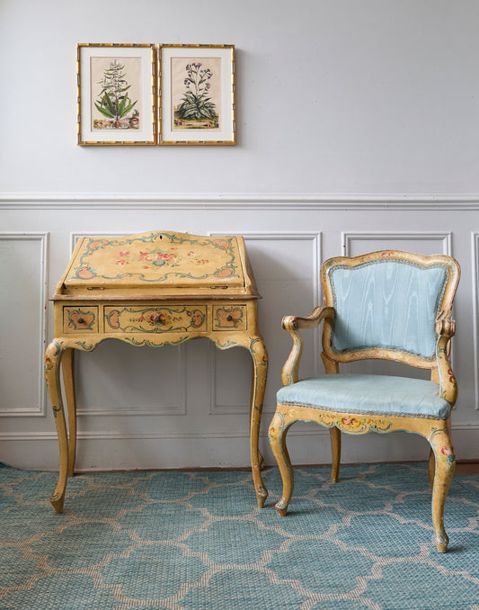 A Handpainted Mid 20th Century Venetian Ladies Bureau and Matching Open Armchair