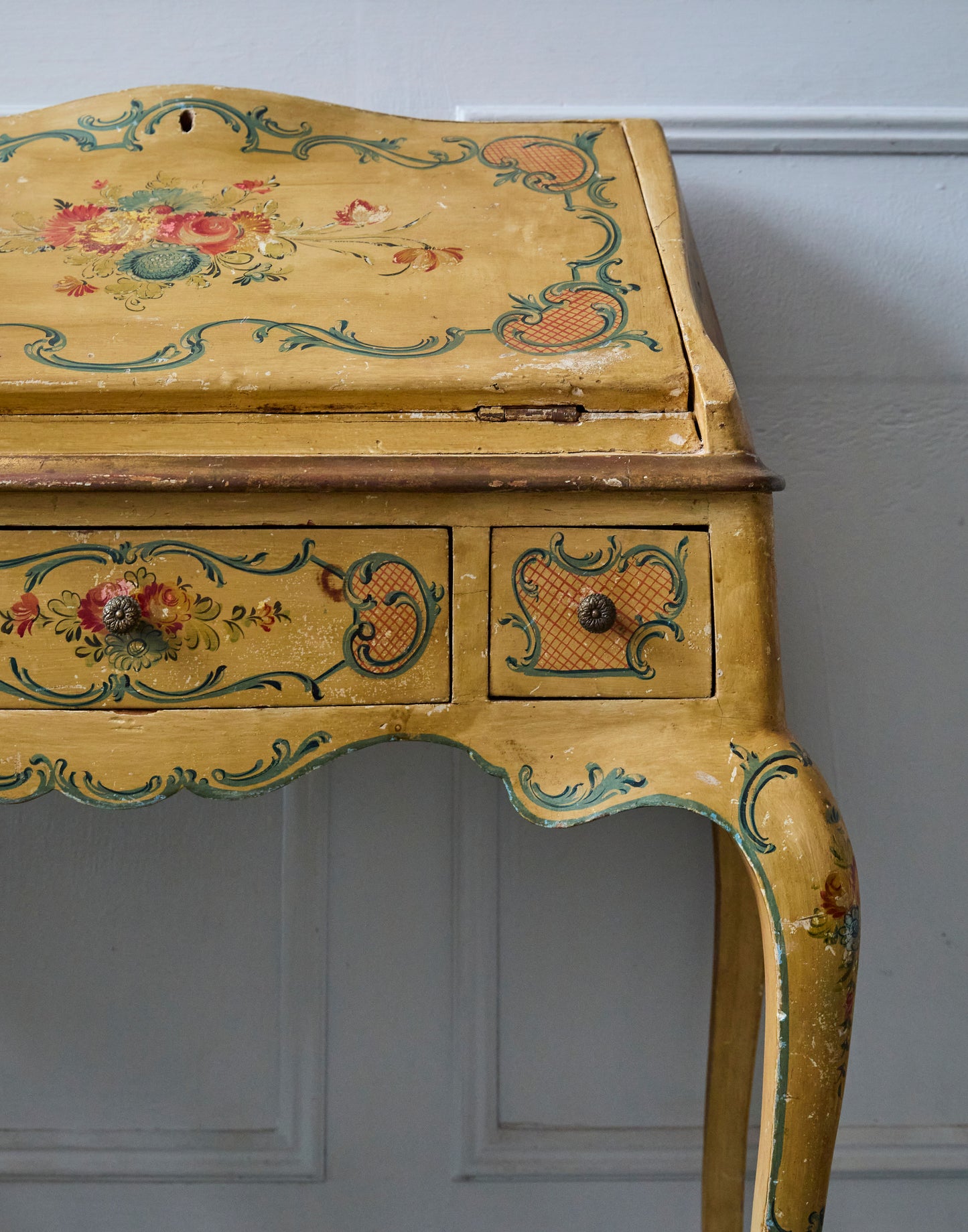 A Handpainted Mid 20th Century Venetian Ladies Bureau and Matching Open Armchair